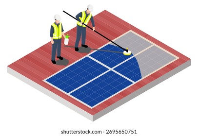 Uma equipe de engenheiros está limpando os painéis solares no telhado. Vetor isolado isométrico.