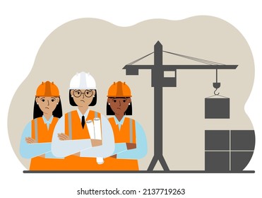 A team of engineers near a construction crane. A team of builders holding blueprints near construction equipment. Vector flat illustration