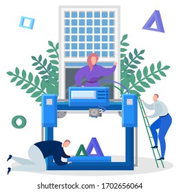 Team of engineers print on a 3d printer vector illustration. Team of engineers print on a 3d printer flat vector illustration. The process of printing 3d figures on a three-dimensional printer. Men