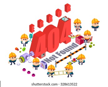Team of engineers repairing web page not found Error 404, illustrator Vector