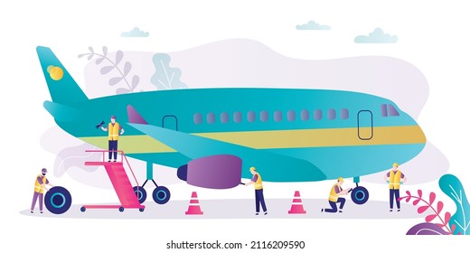 Team of engineers repairs and checks plane for airworthiness. Aircraft maintenance concept. Staff with various tools fixing airplane. Aviation repair service. Safe airline. Flat vector illustration