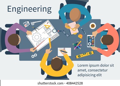 Team engineers at table. People at table discussing the engineering project. Drawing tools. Training, conferences, meetings. Teamwork creative people. Development of engineering projects. Vector, flat