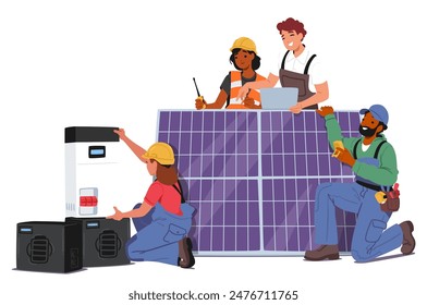 Equipo De Ingenieros Y Técnicos Trabajando Juntos Para Instalar Paneles Solares En La Azotea. Personajes Que Demuestran Trabajo En Equipo, Energía Renovable, Tecnología Sostenible. Ilustración vectorial de Personas de dibujos animados