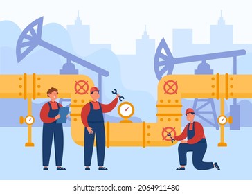 Team of engineers and workers controlling oil or gas pipeline. People working with petroleum transportation pipe flat vector illustration. Maintenance service, industry, leakage control concept