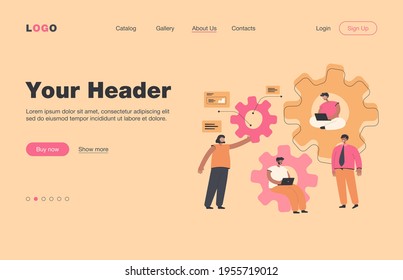 Equipo de ingenieros trabajando juntos en el mecanismo, usando laptop, hablando, sentados en marcha, escribiendo códigos. Ilustración de vectores para trabajo en equipo, ingeniería, concepto de tecnología