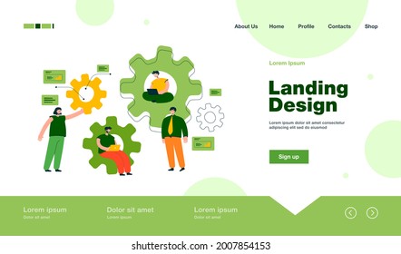 Team of engineers working on mechanism together, using laptop, talking, sitting in gears, writing codes. Vector illustration for teamwork, engineering, technology concept