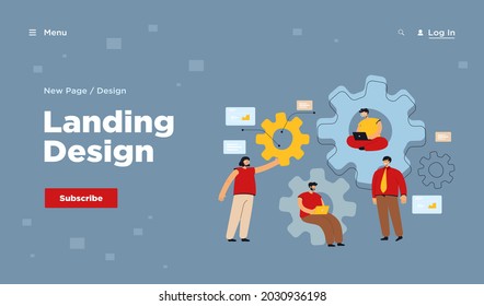 Equipo de ingenieros trabajando juntos en el mecanismo, usando laptop, hablando, sentados en marcha, escribiendo códigos. Ilustración de vectores para trabajo en equipo, ingeniería, concepto de tecnología
