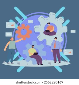 Team of engineers working on mechanism together, using laptop, talking, sitting in gears, writing codes. Vector illustration for teamwork, engineering, technology concept