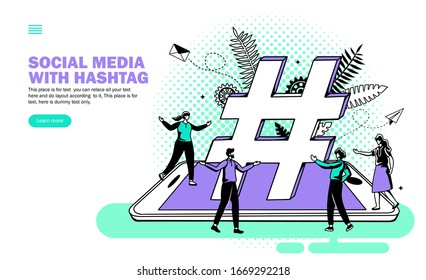 team enjoying around hashtags and social media trends on smartphone vector illustration