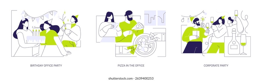 Team events isolated cartoon vector illustrations set. Birthday office party, colleagues eating pizza and having fun, business lunch, corporate party, Christmas and New year event vector cartoon.