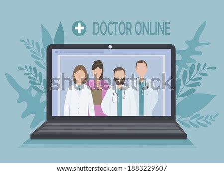 A team of experienced doctors on your laptop screen. Providing consultations, exams and treatment online. Telemedicine, remote communication between patient and doctor. For clinic website, app. Vector