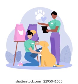 Team of experienced trainers engaged in dog training. Female instructor giving treat to doggy while male teaching new command. Flat vector illustration