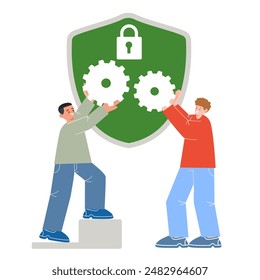 Equipo de experto trabajando juntos sosteniendo engranaje de rueda dentada Grande escudo símbolo de la cibertecnología de seguridad