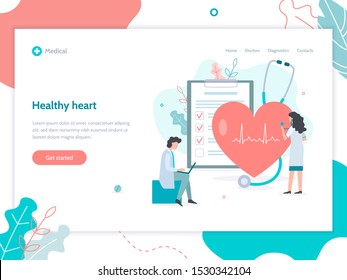 The team of experts check the health of the heart.  Web page design template. Flat vector illustration.