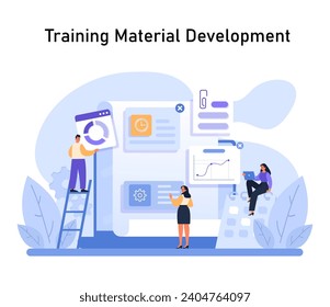 Team of experts crafting digital training materials. Collaborative effort in designing e-learning resources with interactive elements and analytics. Seamless upskilling path creation. Flat vector.