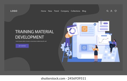 Team of experts crafting digital training materials. Collaborative effort in designing e-learning resources with interactive elements and analytics. Seamless upskilling path creation. Flat vector.