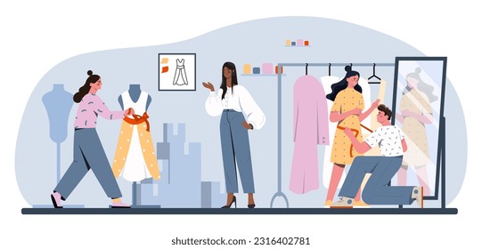 Team of fashion designers concept. Man and woman with dresses and stylish and fashionable clothes. Atelier and tailor, seamstress. Clothing market. Cartoon flat vector illustration