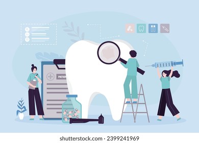 Team of female dentists cleaning and treatment big tooth with dental tools. People taking care about teeth. Oral care, healthcare. Cavity, caries treatment concept. Flat vector illustration
