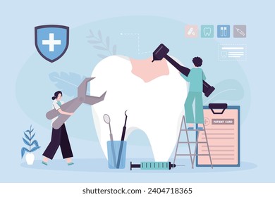 Team of female dentists cleaning and treatment big tooth with dental tools. People taking care about teeth. Oral care, healthcare. Cavity, caries treatment,  tooth extraction concept. flat vector