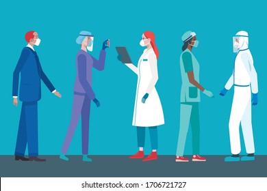 Team of Female and Male Doctors or Nurses Wearing different Personal Protective Equiment for work in an Hospital  fighting covid-19