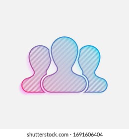 Team, few person. Colored logo with diagonal lines and blue-red gradient. Neon graphic, light effect