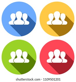Team, few person. Set of white icons with long shadow on blue, orange, green and red colored circles. Sticker style