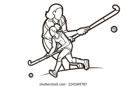 Team Field Hockey Sport Female Players Action Together Cartoon Graphic Vector