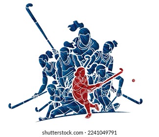 Team Field Hockey Sport Female Players Action Together Cartoon Graphic Vector