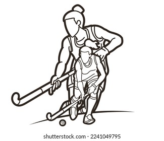 Team Field Hockey Sport Female Players Action Together Cartoon Graphic Vector
