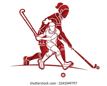 Team Field Hockey Sport Female Players Action Together Cartoon Graphic Vector