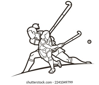 Team Field Hockey Sport Female Players Action Together Cartoon Graphic Vector