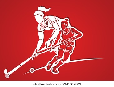 Team Field Hockey Sport Female Players Action Together Cartoon Graphic Vector