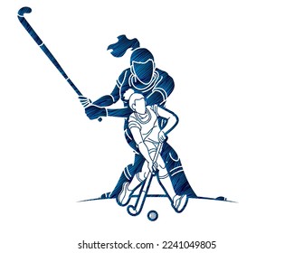 Team Field Hockey Sport Female Players Action Together Cartoon Graphic Vector