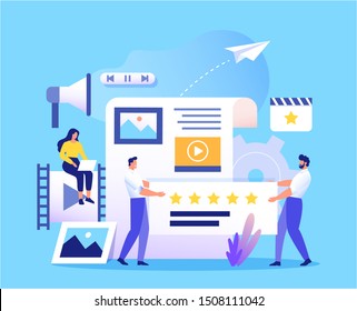 Team fill web page with content. Management, SMM and Blogging concept in flat design. Creating, marketing and sharing of digital - vector illustration.
