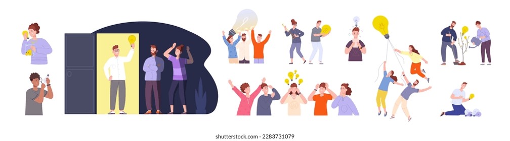 Team finding ideas. Work company brainstorming process, advisory group share brilliant idea and find probleme solution, inspire person lighting bulb, vector illustration of company team with lightbulb