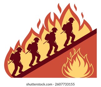 Team of Firefighters Climbing Arrow Through Flames: Symbol of Progress