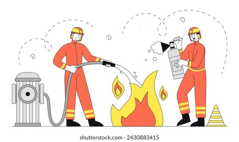Team of fireman linear. Two men in protective red uniform with hose water at flame. Safety and protection from accidents and disasters. Simple flat vector illustration isolated on white background
