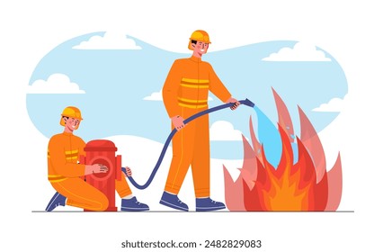 Team of firemen. Men in orange protective suits pour water from hose onto flames. Rescuers help in emergency situation. People with hydrant. Cartoon vector illustration isolated on white background