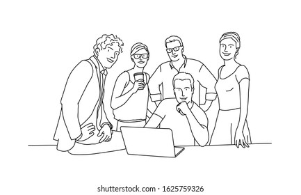 Team of five business people, two women, three men. Line drawing vector illustration.