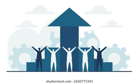 A team of five people, some in silhouette, raise their arms in triumph around a large upward-pointing arrow. Behind them, stylized gears and steps symbolize progress and collaboration.