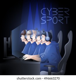 Team of five players sitting at the table in front of computer. Side view. Vector participants of cyber sport tournament