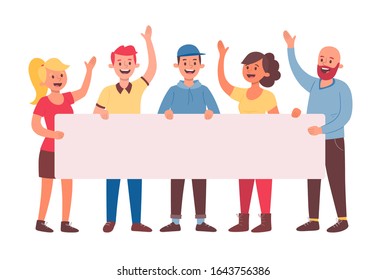 Team of five young people holding a blank banner for text. Announcement banner for advertising. Teamwork concept. Three men and two women. Flat cartoon vector illustration.