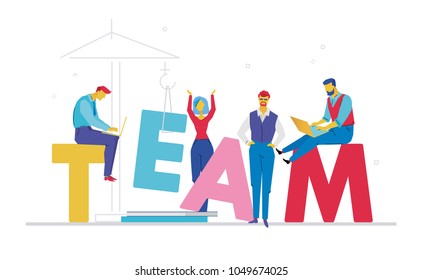 Team - flat design style colorful illustration on white background with bright creative headline. A composition with cute characters, office workers or businessmen working at computers