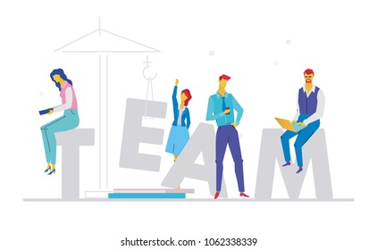 Team - flat design style colorful illustration on white background with creative headline, grey letters. A composition with cute characters, office workers or businessmen working at computers