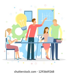 Team - flat design style colorful illustration on white background. A composition with cute characters, office workers or businessmen working at computers. Vector