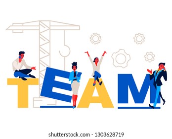 Team - flat design style colorful illustration on white background with bright creative headline. A composition with cute characters, office workers or businessmen working at phone.