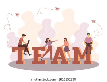 Team - flat design style colorful illustration with bright creative headline. A composition with cute characters, office workers or businessmen working at computers.