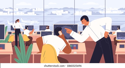 Team of flight management working inside airport control tower with computer navigation system. Air traffic controllers monitoring and supervising international terminal. Flat vector illustration