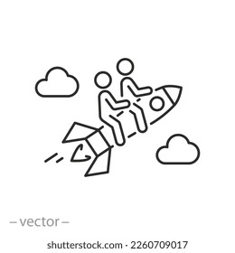 team flying in sky icon, success start up, flying on rocket, new business idea, line symbol on white background - editable stroke vector illustration eps10