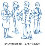 Team of four business people, two women and two men, standing and smiling, hand drawn vector illustration